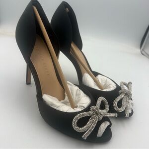 Veronica Beard Gatod Crystal-Embellished Bow Satin Peep Toe Heels Women’s Size 8